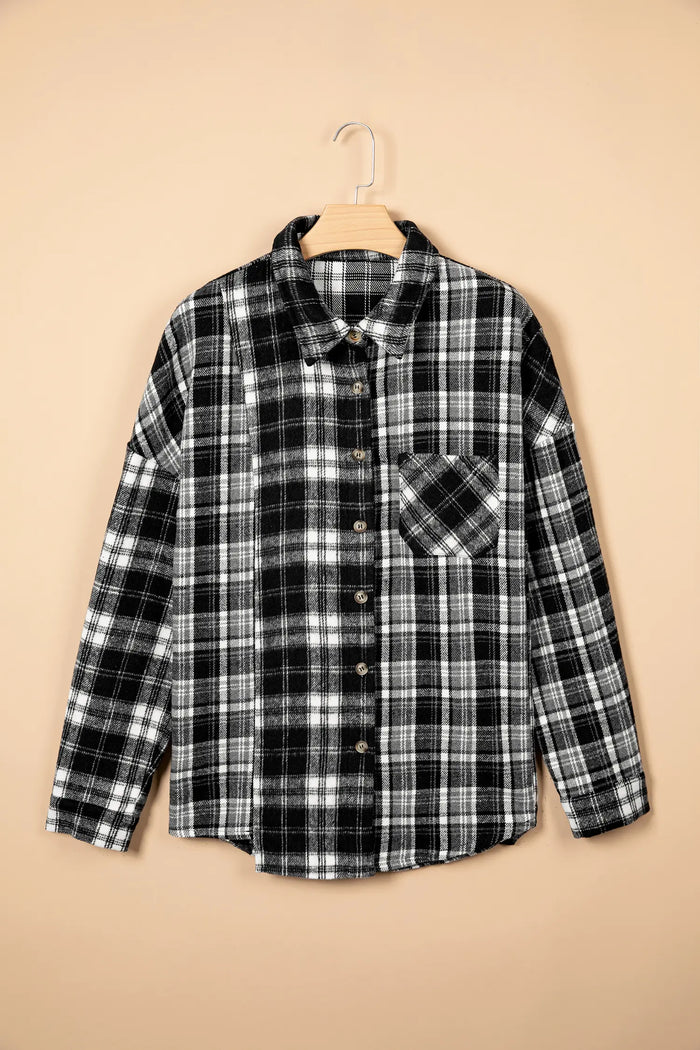 Plaid Long Sleeve V Neck Shift Plus Size Shirt Jacket – Black