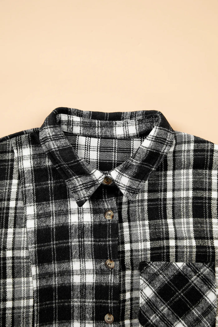 Plaid Long Sleeve V Neck Shift Plus Size Shirt Jacket – Black