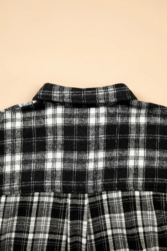Plaid Long Sleeve V Neck Shift Plus Size Shirt Jacket – Black