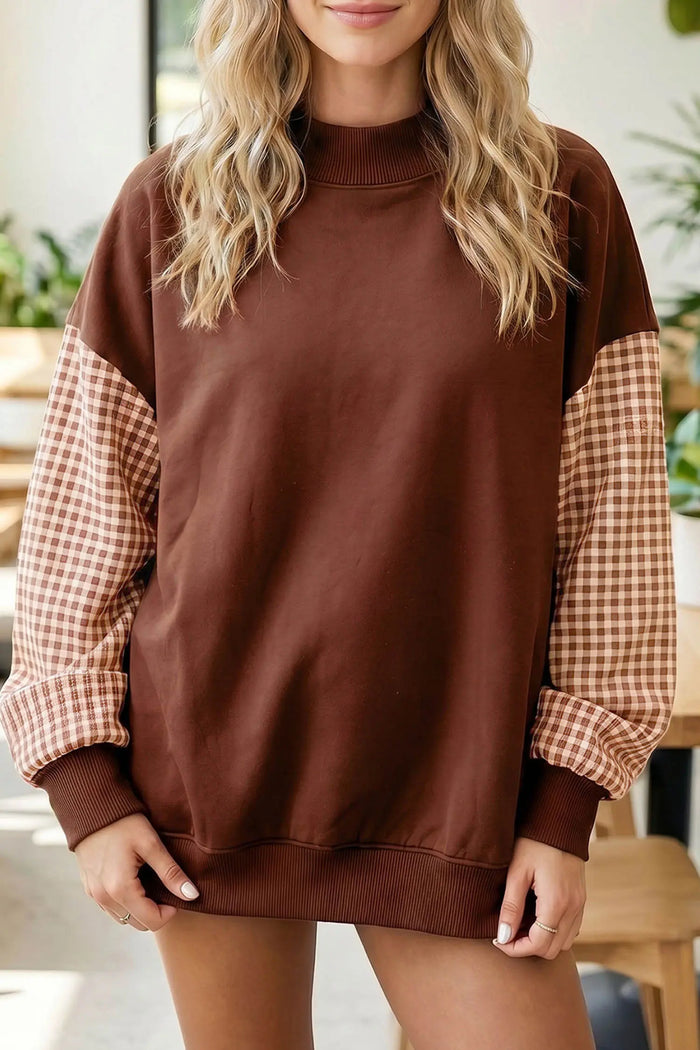 Plaid Sleeve Colorblock Loose Tunic Sweatshirt – Fiery Red