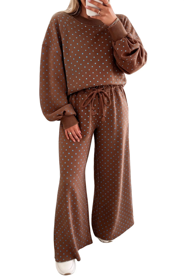 Polka Dot Drawstring Wide Leg Long Sleeve Top Pant Set – Red