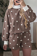 Polka Dot Ribbed Trim Long Sleeve Top Casual Short Set – Brown