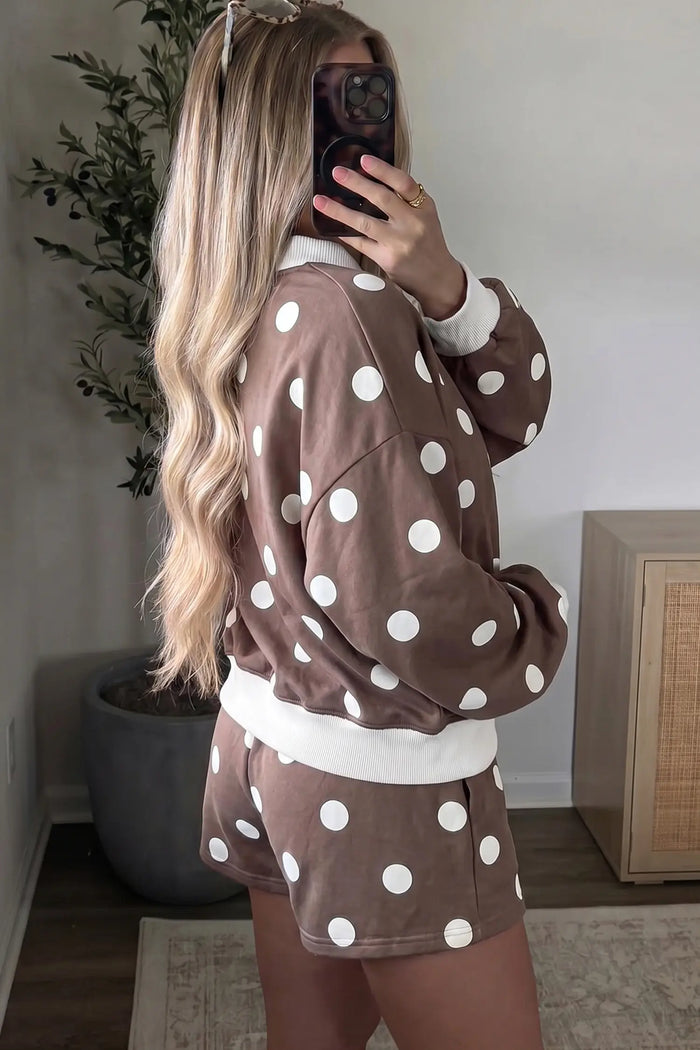 Polka Dot Ribbed Trim Long Sleeve Top Casual Short Set – Brown