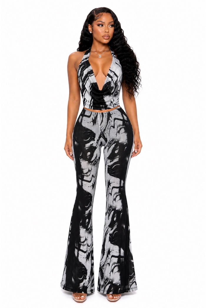 Priorities Straight - Matching Print Stretch Cowl Top Flare Pants Set