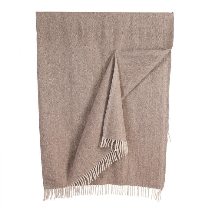 Recycled Wool Herringbone Blanket with Fringe - Soft Warm Throw - TAUPE - Heritage Of Scotland -