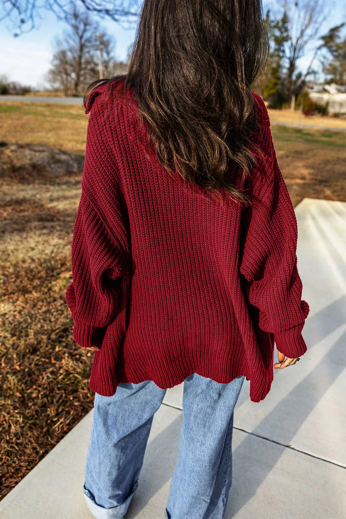 Red Dahlia Solid Color Knit Oversized Button Front Sweater Cardigan – Burgundy