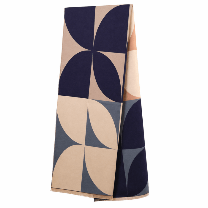 Retro Geometric Scarf - Elegant Everyday Shawl - Heritage Of Scotland - NAVY/NATURAL