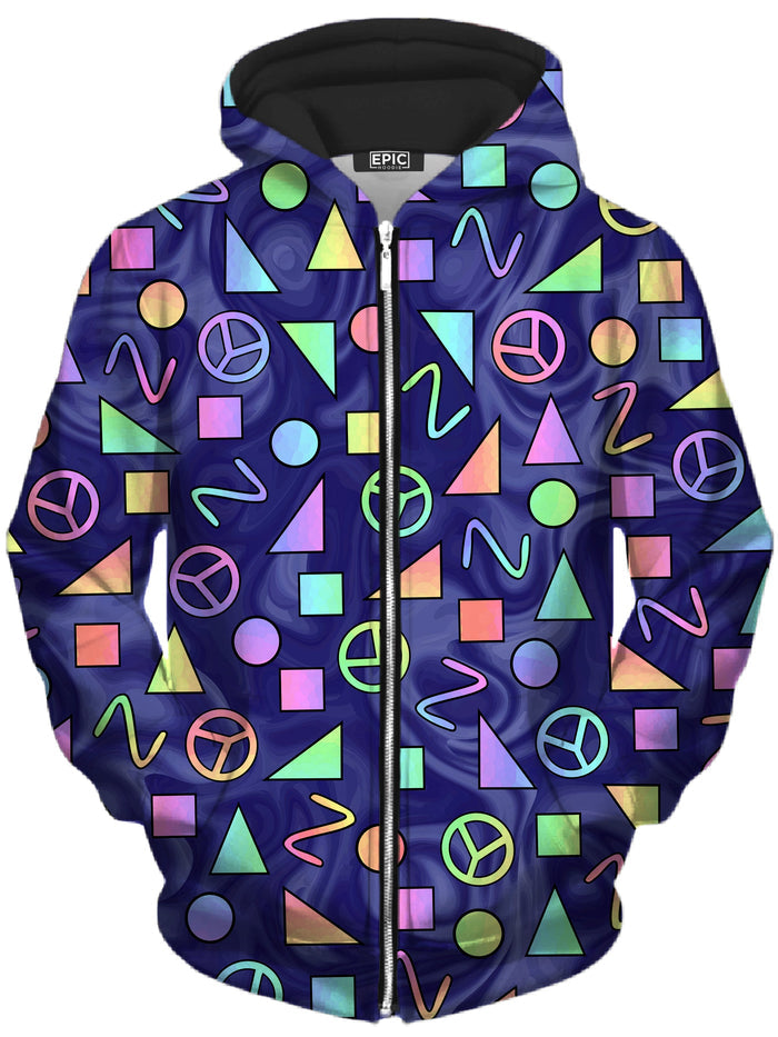 Retro Shapes Peace Symbols Blue Unisex Zip-Up Hoodie Sartoris Art Epic Hoodie