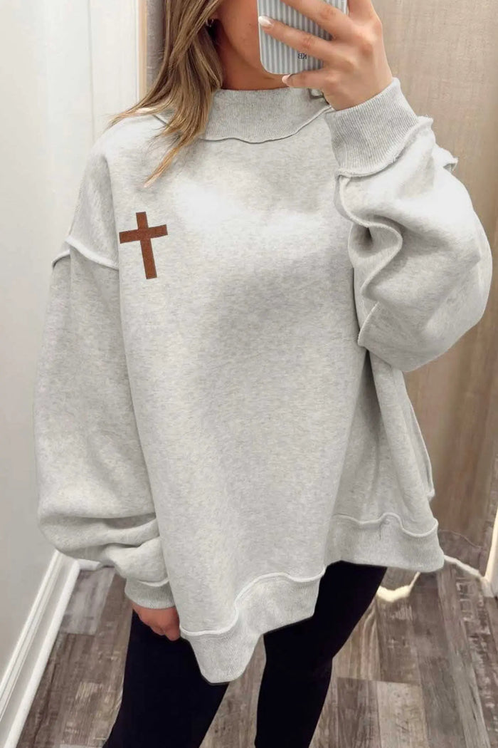 Reversible Christian Faith Print Mock Neck Pullover Sweatshirt – Light Grey
