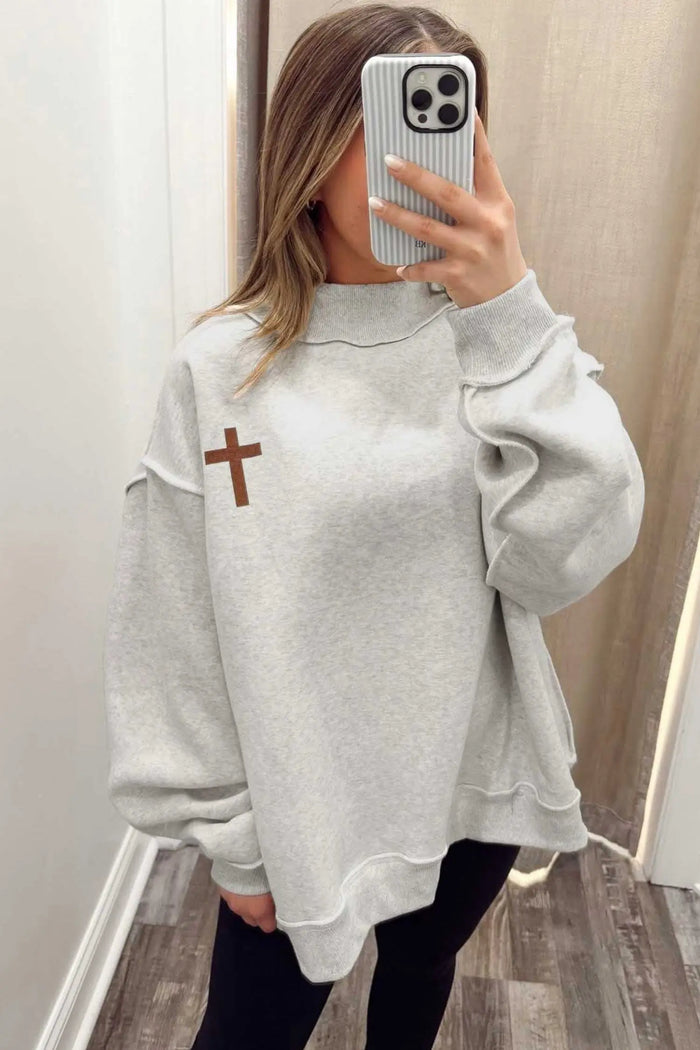 Reversible Christian Faith Print Mock Neck Pullover Sweatshirt – Light Grey