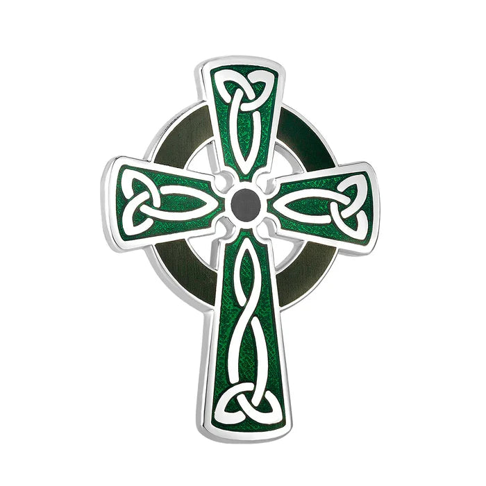 Rhodium BOK Green Enamel Celtic Cross Brooch
