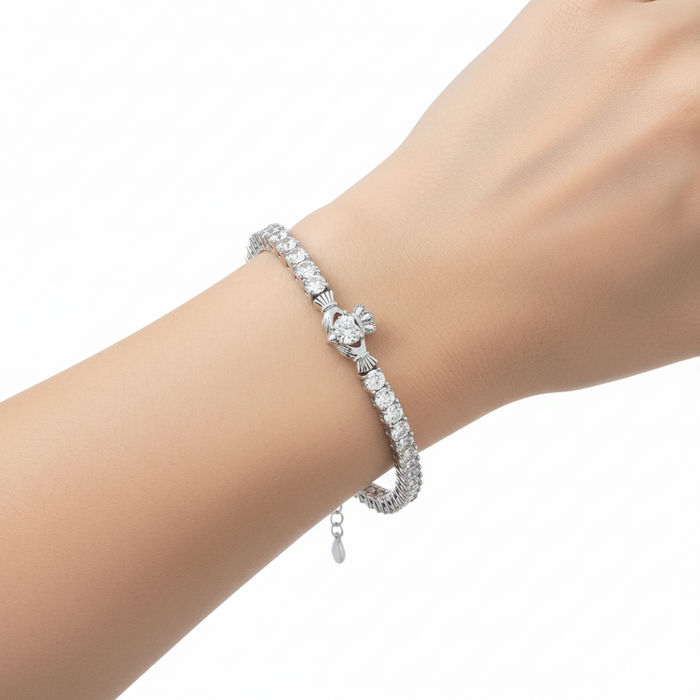 Rhodium Crystal Claddagh Tennis Bracelet