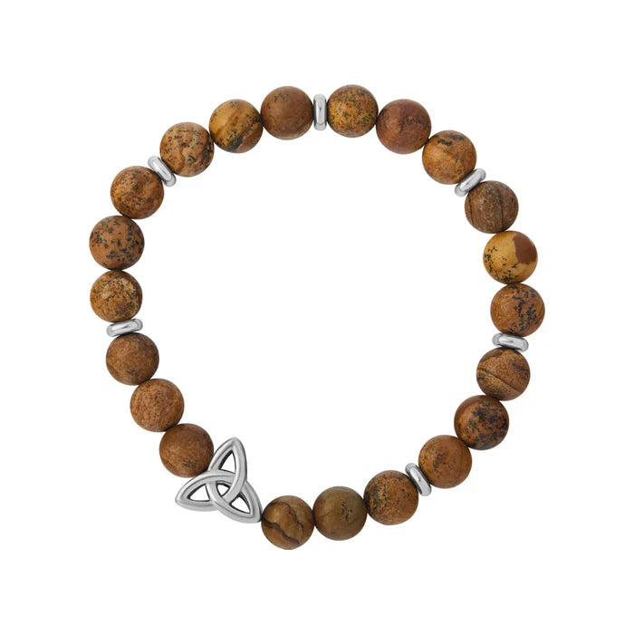 Rhodium Trinity Knot Brown Bead Bracelet