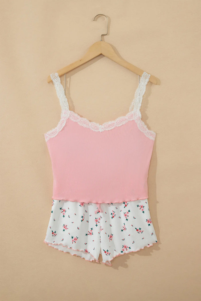 Ribbed Knit Lace Straps Patchwork Lettuce Hem Cropped Top Floral Short Lounge Set – Pink