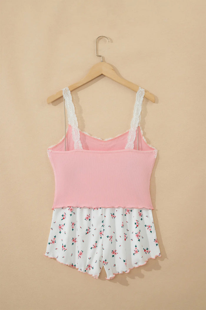 Ribbed Knit Lace Straps Patchwork Lettuce Hem Cropped Top Floral Short Lounge Set – Pink