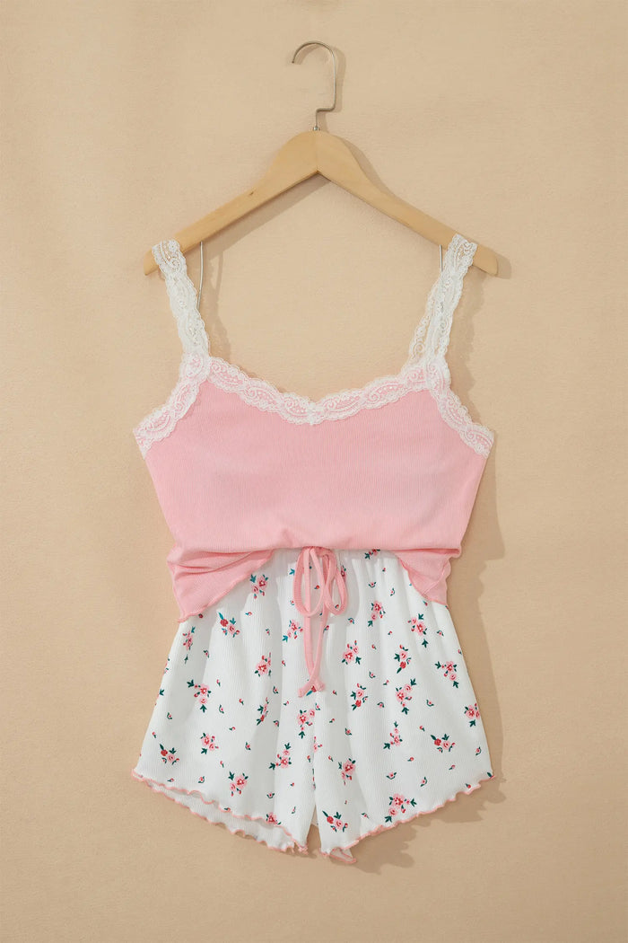 Ribbed Knit Lace Straps Patchwork Lettuce Hem Cropped Top Floral Short Lounge Set – Pink