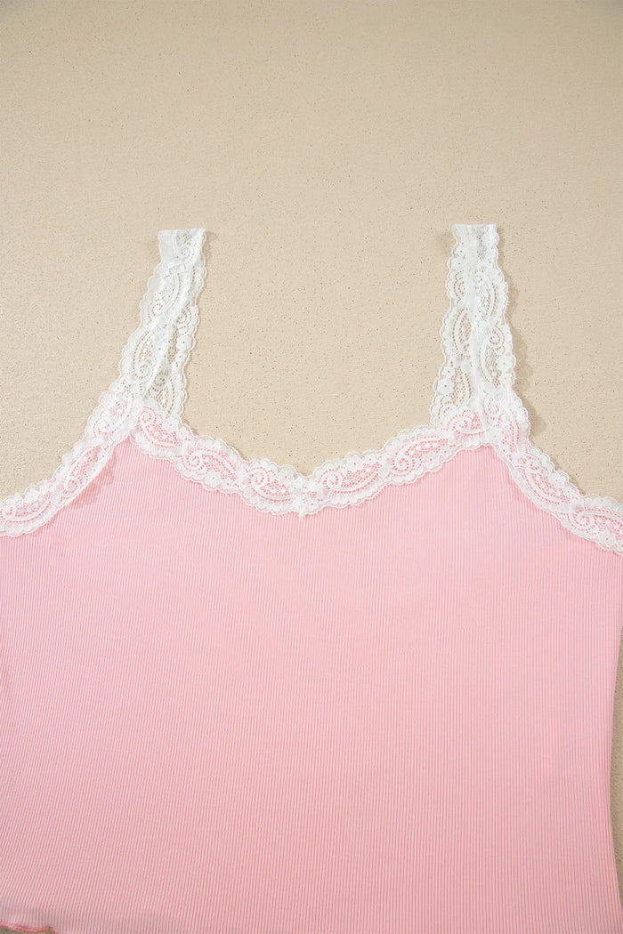 Ribbed Knit Lace Straps Patchwork Lettuce Hem Cropped Top Floral Short Lounge Set – Pink