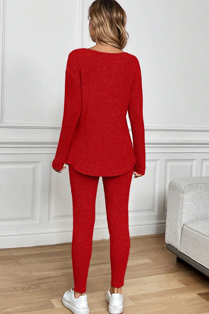 Ribbed Notched Neck Knit Long Sleeve Leggings Two Pieces Lounge Set – Racing Red