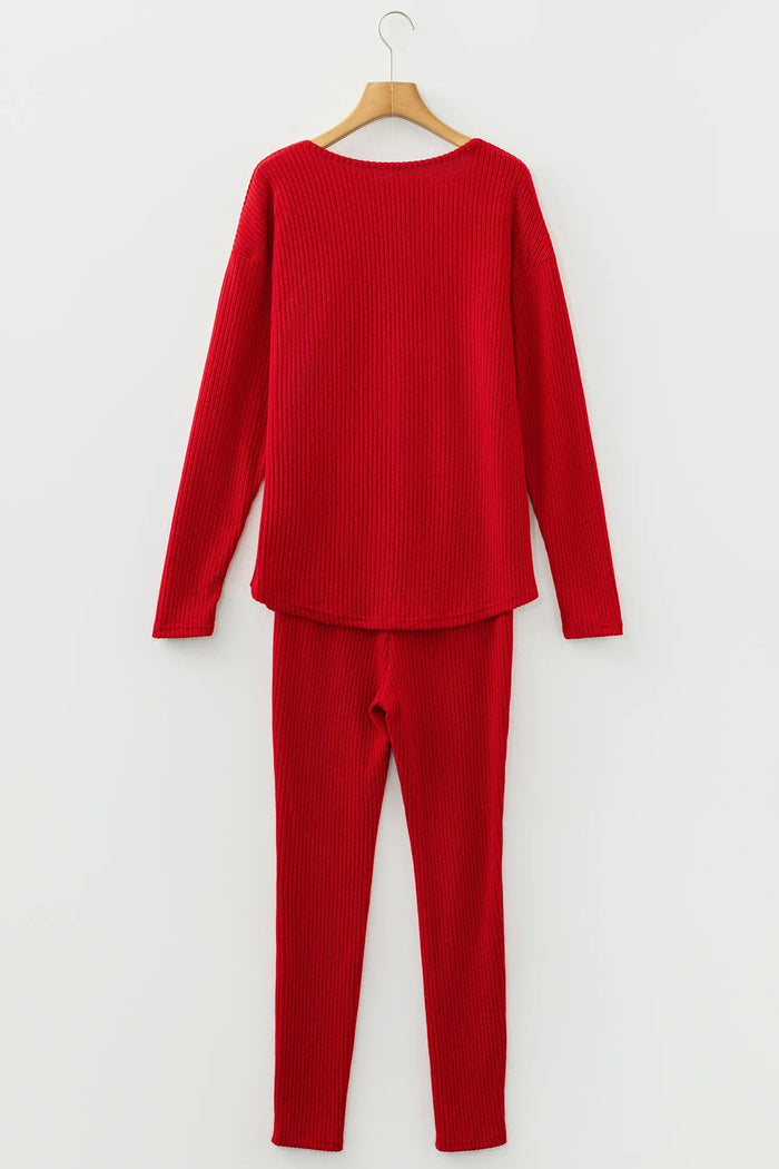 Ribbed Notched Neck Knit Long Sleeve Leggings Two Pieces Lounge Set – Racing Red