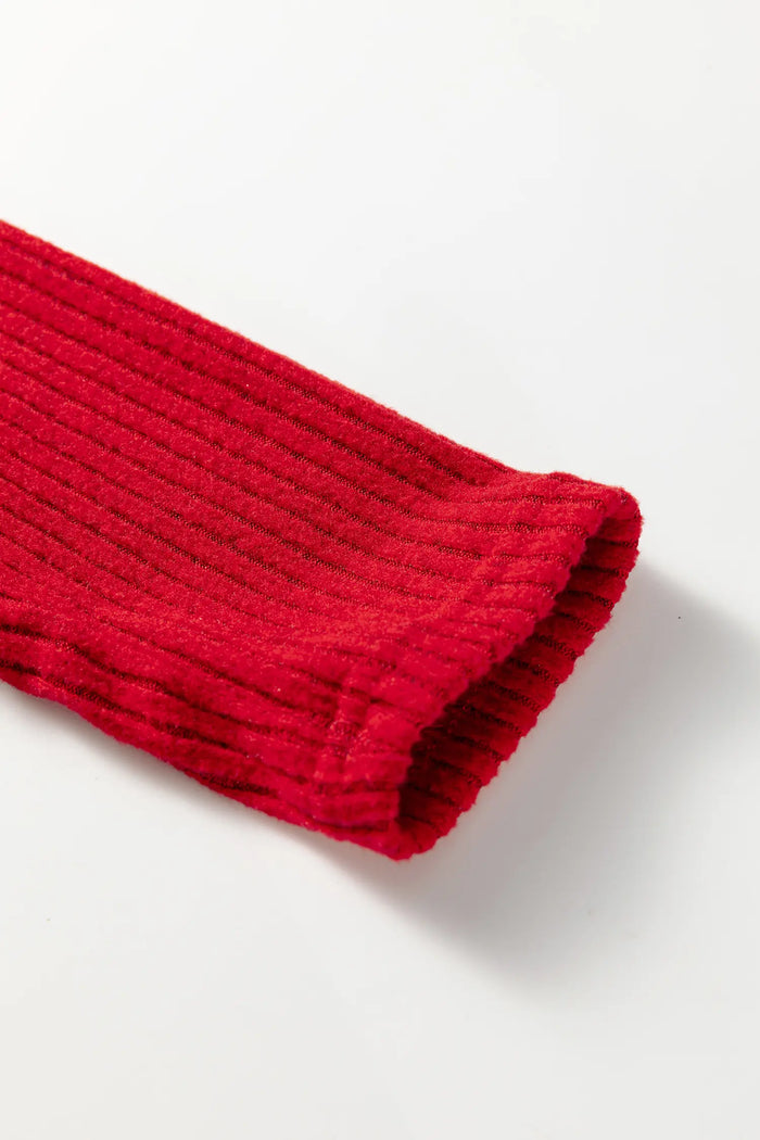 Ribbed Notched Neck Knit Long Sleeve Leggings Two Pieces Lounge Set – Racing Red