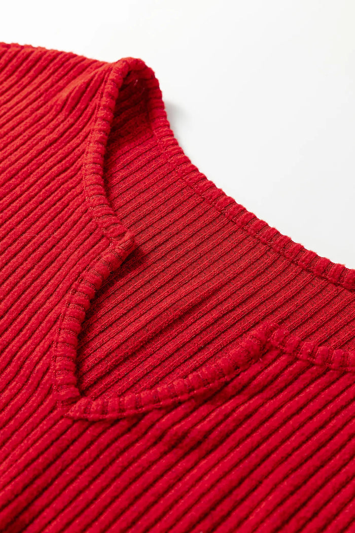 Ribbed Notched Neck Knit Long Sleeve Leggings Two Pieces Lounge Set – Racing Red