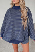 Ribbed Patchwork Mock Neck Baggy Pullover Matching Shorts Set – Blue Stripe