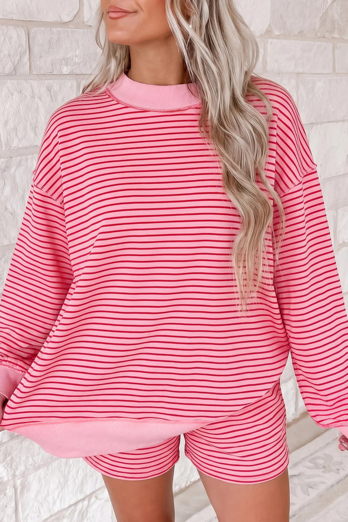 Ribbed Patchwork Mock Neck Baggy Pullover Matching Shorts Set – Blue Stripe