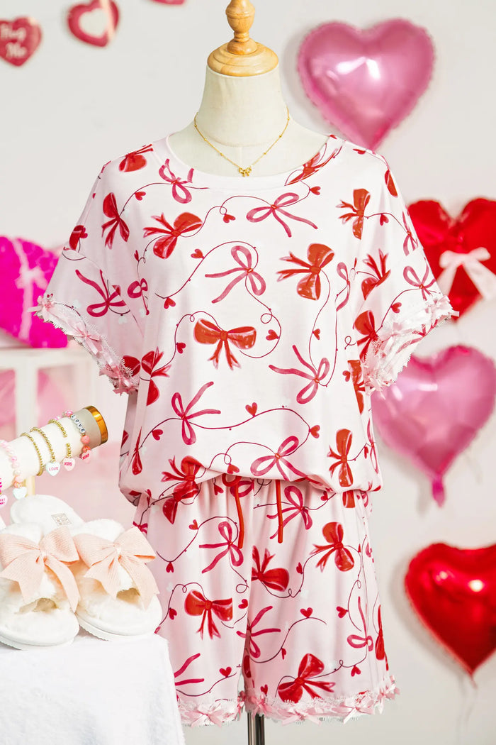 Romantic Bow Print Loose Tee Drawstring Shorts 2pcs Lounge Set – Red