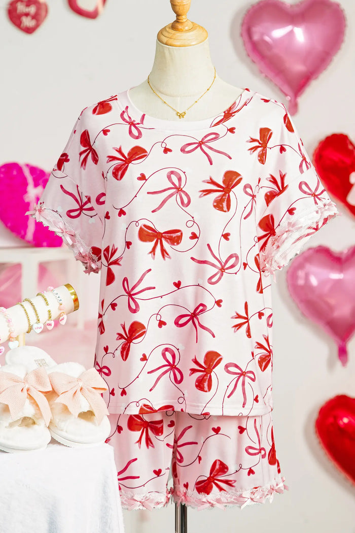 Romantic Bow Print Loose Tee Drawstring Shorts 2pcs Lounge Set – Red