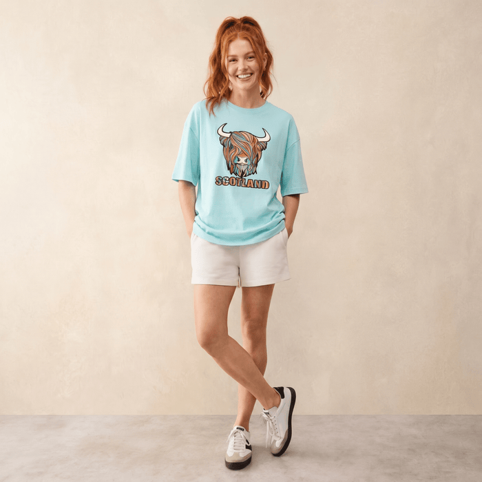 Scotland Unisex Rainbow Highland Cow Graphic T-Shirt – Aqua - Heritage Of Scotland - XS