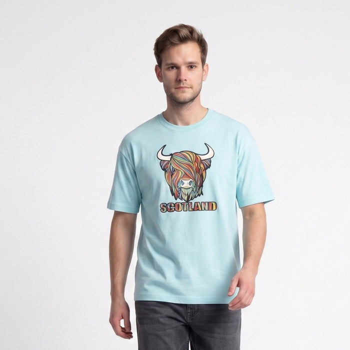 Scotland Unisex Rainbow Highland Cow Graphic T-Shirt – Aqua - Heritage Of Scotland - XS