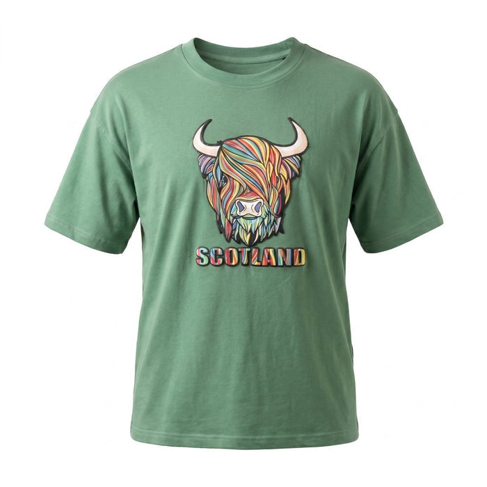 Scotland Unisex Rainbow Highland Cow Graphic T-Shirt – Green - Heritage Of Scotland - XS