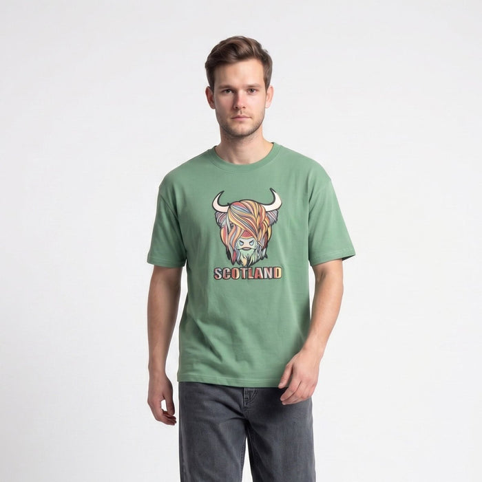 Scotland Unisex Rainbow Highland Cow Graphic T-Shirt – Green - Heritage Of Scotland - XS