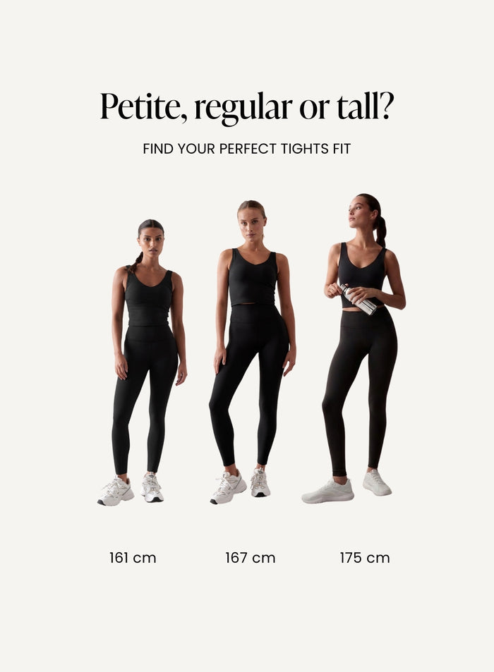 Kolme naismallia mustissa aim'n saumattomissa trikoissa ja topeissa esittelemässä petite (161 cm), regular (167 cm) ja tall (175 cm) istuvuuksia [petite-tall-CM]
