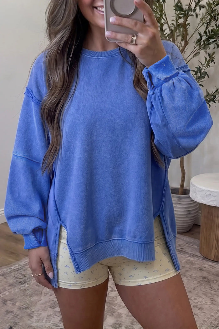 Sky Blue Mineral Wash Split Hem Loose Tunic Sweatshirt – Light Blue