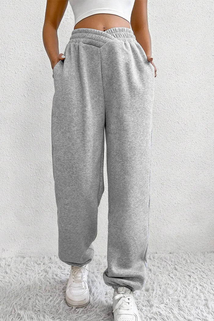 Solid Color Crisscross Elastic Waist Sweatpants – Light Grey