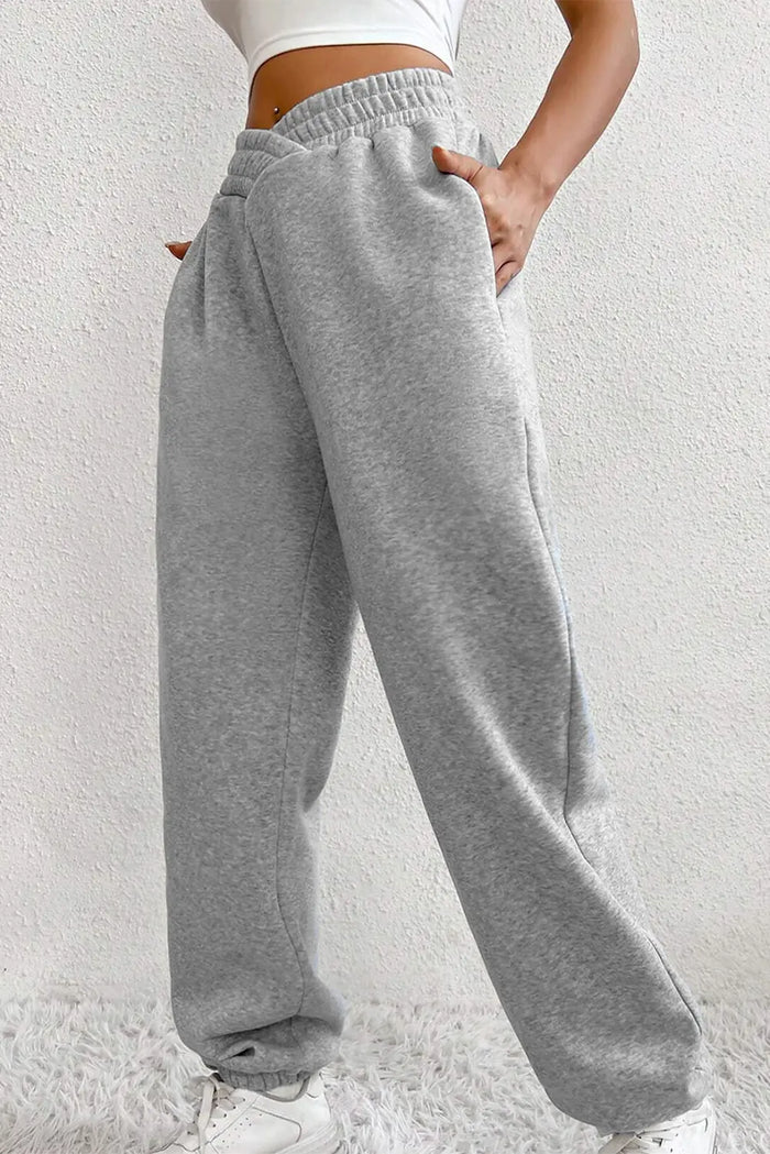 Solid Color Crisscross Elastic Waist Sweatpants – Light Grey