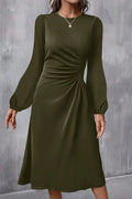 Solid Color Ruched Detail Long Sleeve Midi Dress – Jungle Green