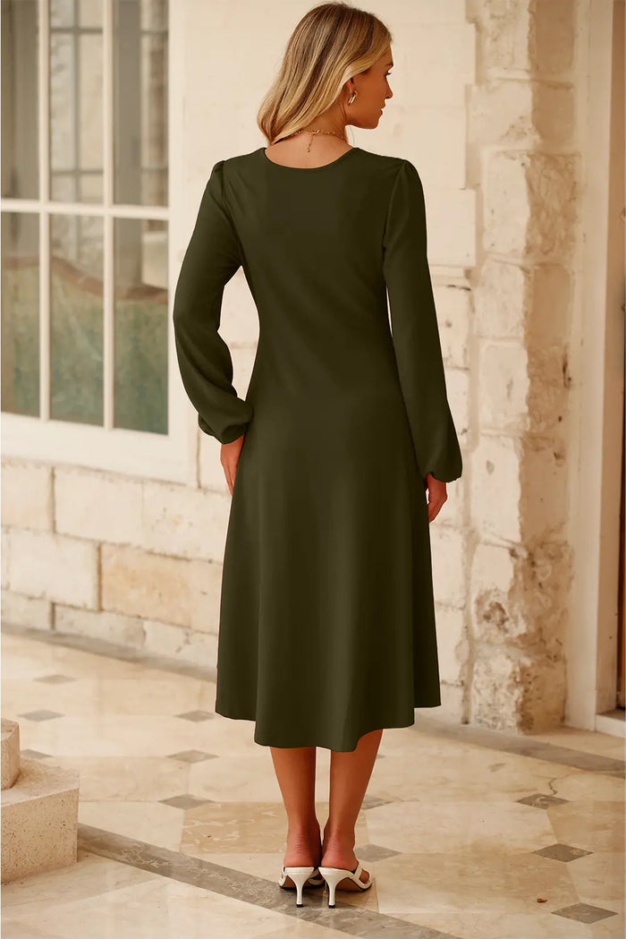 Solid Color Ruched Detail Long Sleeve Midi Dress – Jungle Green
