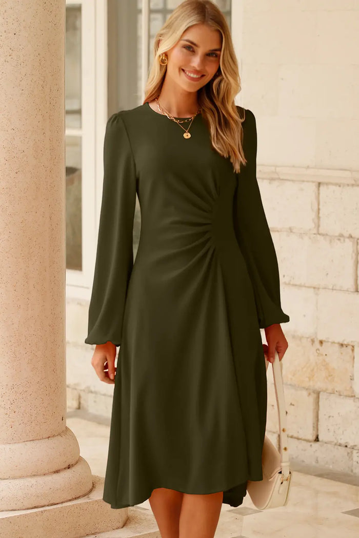 Solid Color Ruched Detail Long Sleeve Midi Dress – Jungle Green
