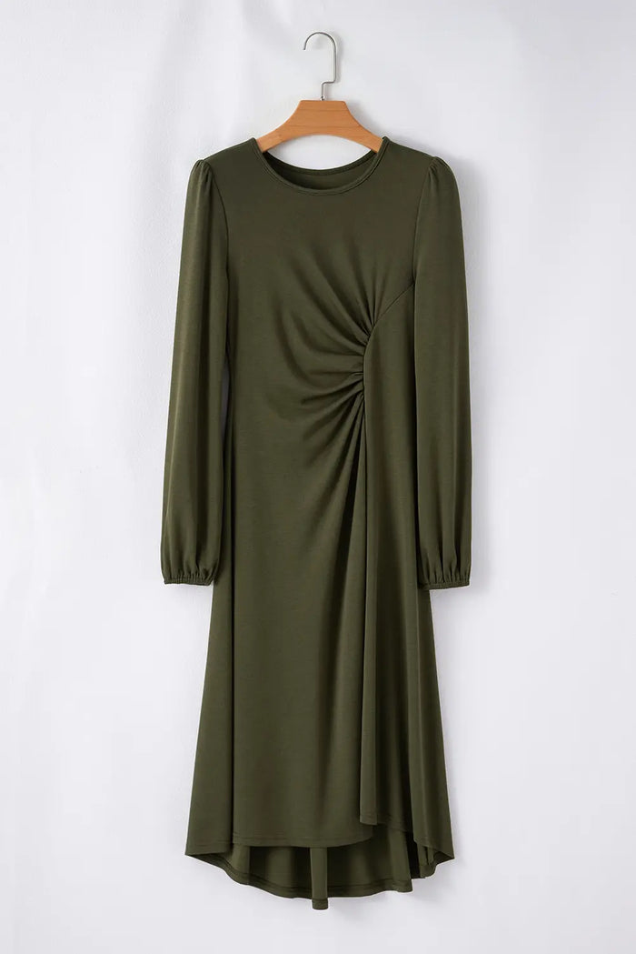Solid Color Ruched Detail Long Sleeve Midi Dress – Jungle Green