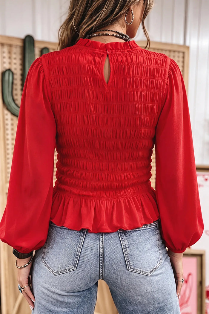 Solid Color Smocked Ruffle Hem Long Sleeve Blouse – Bright Green