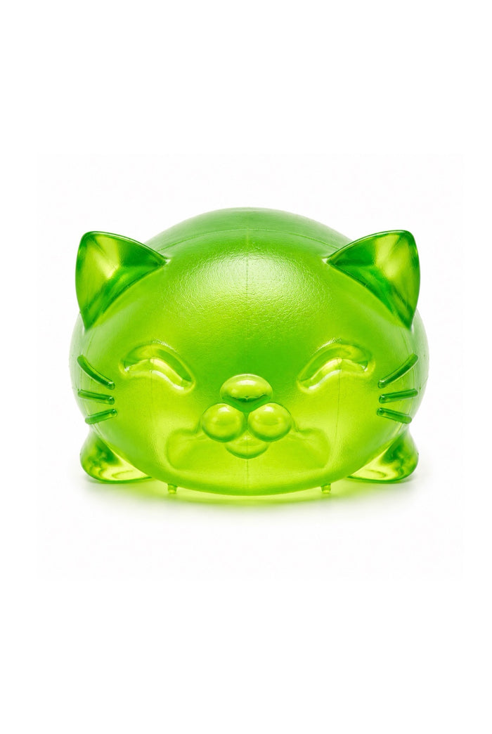 Green translucent cat squeeze toy on a white background, soft squishy stress relief fidget toy with adorable cat design.