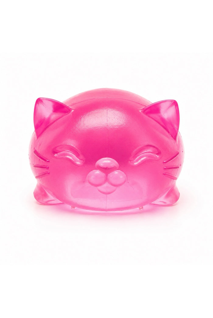Pink translucent cat squeeze toy on a white background, soft squishy stress relief sensory fidget toy for kids and adults.