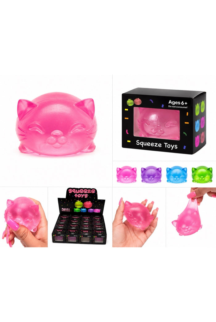 Product collage showcasing a translucent pink cat squeeze toy with packaging, color options, retail display, and close-up demonstrations of squeezing and stretching the soft sensory fidget toy on a clean white background.