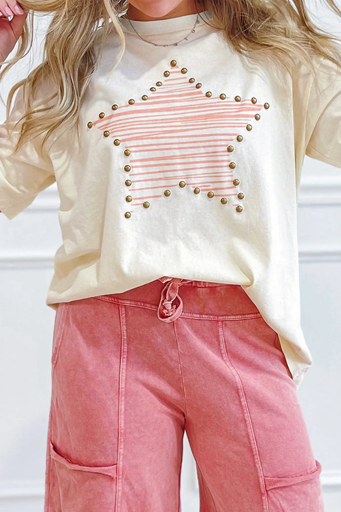 Star Print Stud Detail Cotton Jersey Top – Beige