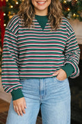 Striped Colorblock Round Neck Long Sleeve Shift Plus Size Sweatshirt – Green Stripe