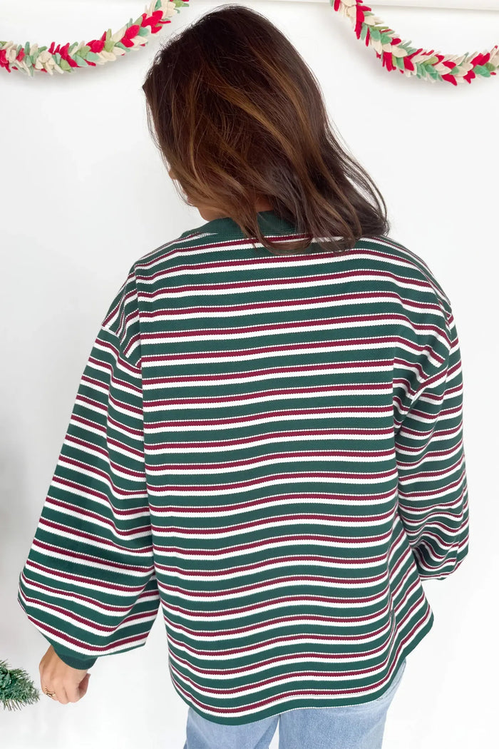 Striped Colorblock Round Neck Long Sleeve Shift Plus Size Sweatshirt – Green Stripe