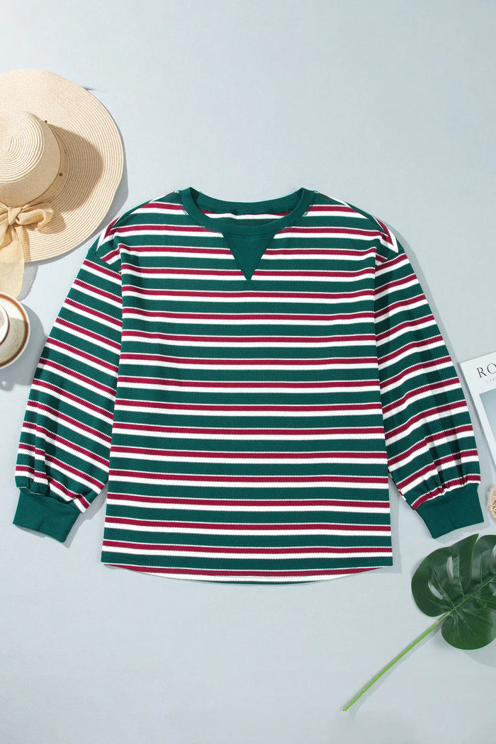 Striped Colorblock Round Neck Long Sleeve Shift Plus Size Sweatshirt – Green Stripe