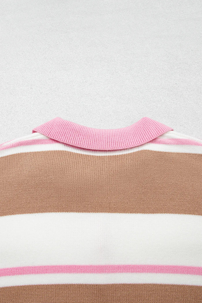 Striped Colorblock V Neck Long Sleeve Tunic Sweater – Pink Stripe